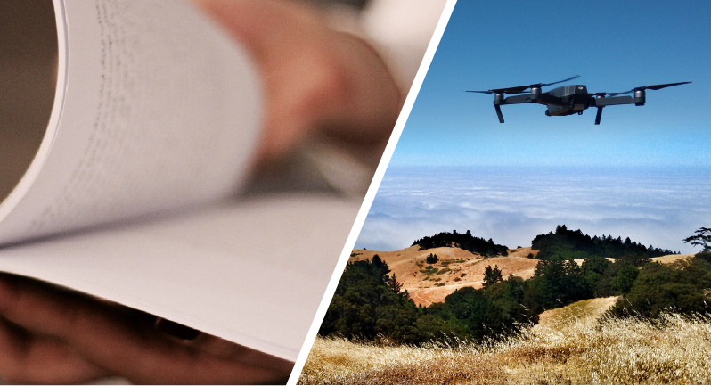 Le montage se compose de deux images distinctes. Sur la partie droite, un drone en vol survole un vaste espace vert, une plaine avec de la végétation dense. Le drone est visible au-dessus des nuages, ce qui accentue l'impression d'altitude et de liberté dans le ciel dégagé. Ce vol symbolise la maîtrise de la technologie et l'exploration aérienne, offrant une perspective unique sur la nature et les espaces ouverts. À gauche du montage, on observe une main de télépilote qui feuillette un livre, symbolisant la connaissance et l'apprentissage, équilibrant ainsi théorie et pratique.